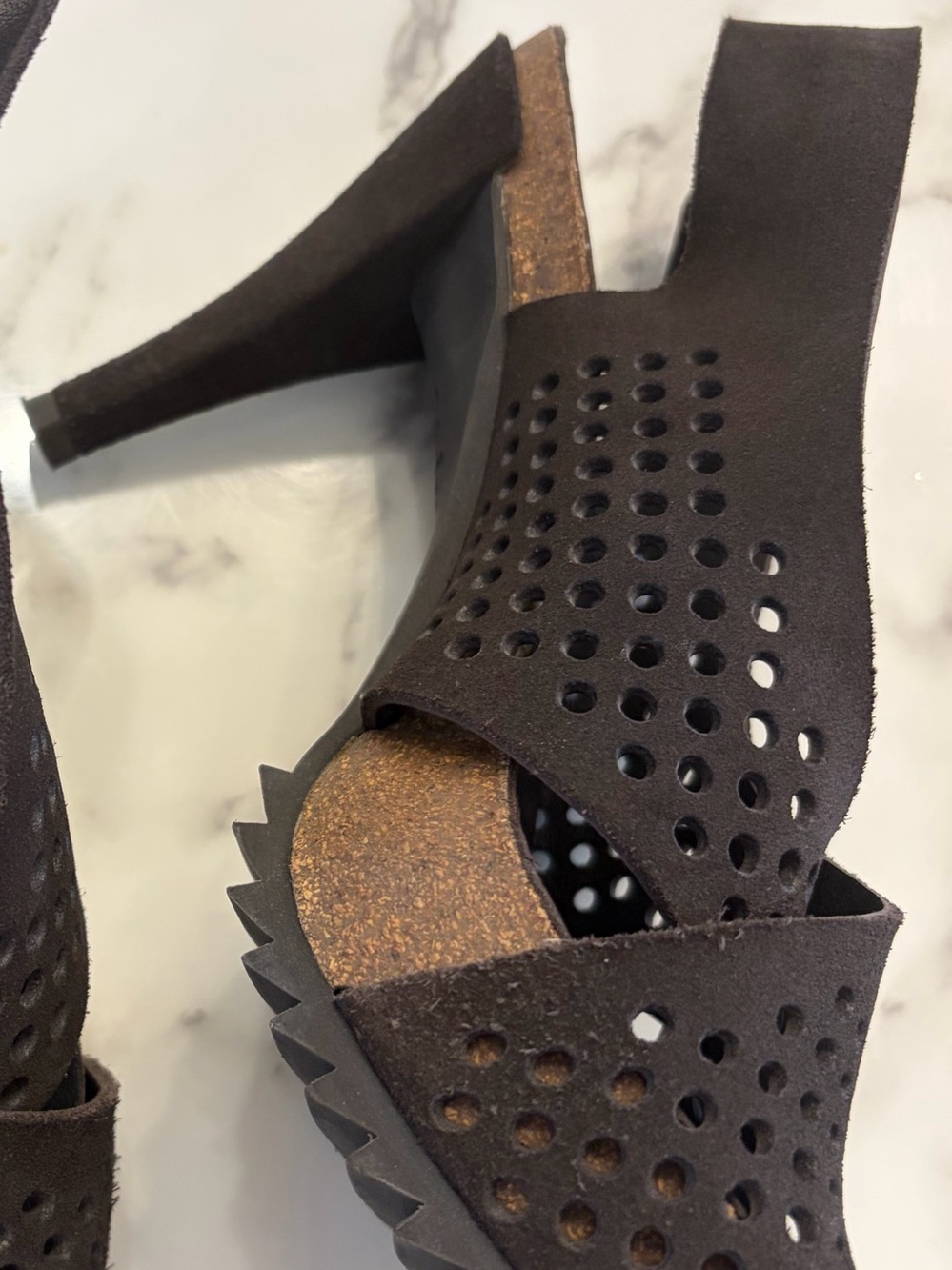 Pedro Garcia Tan Perforated Suede Open-Toe Slingback Heels - Picture 7 of 12